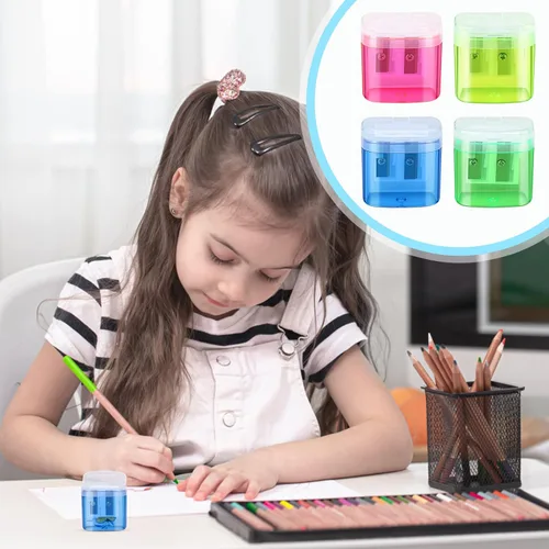 Vista 9 de 24 sacapuntas manuales de doble agujero con tapa, sacapuntas de colores portátiles para niños y adultos, escuela, oficina, hogar, viajes