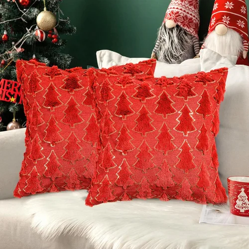 Vista 10 de Juego de 2 fundas de almohada de Navidad de 18 x 18 pulgadas, fundas de almohada beige con patrón de árbol de Navidad, fundas de cojín de piel