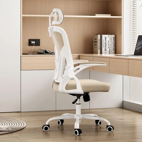 Vista 8 de Silla de oficina ergonómica con reposacabezas ajustable y soporte lumbar, silla de escritorio de malla de respaldo alto con reposabrazos abatibles
