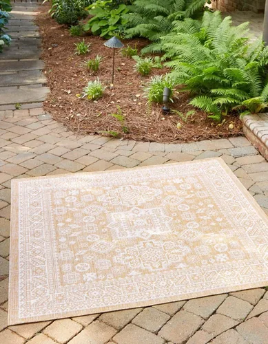 Vista 14 de Unique Loom Outdoor Aztec Collection Alfombra de área, Chalca (5 pies 3 pulgadas, octágono, aguamarina/marfil)