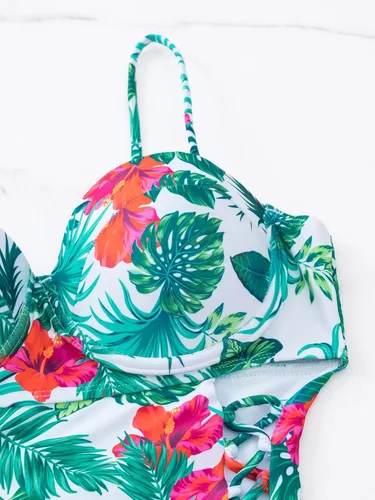 Vista 3 de WDIRARA Traje de baño de una pieza con estampado tropical y cordón lateral fruncido halter para mujer