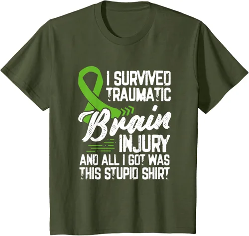 Vista 11 de Camiseta traumática con cinta verde para concienciación de lesiones cerebrales traumáticas I survived TBI, Negro, S