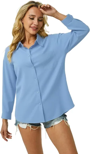 Vista 3 de Camisa de vestir con botones para mujer, blusas de manga larga, elásticas, casuales, para trabajo, con bolsillos