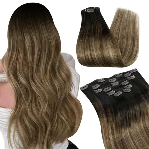 Vista 28 de Ugeat Extensiones de cabello humano con clip de 12 pulgadas, extensiones de cabello balayage con clip, marrón chocolate ombre, extensiones