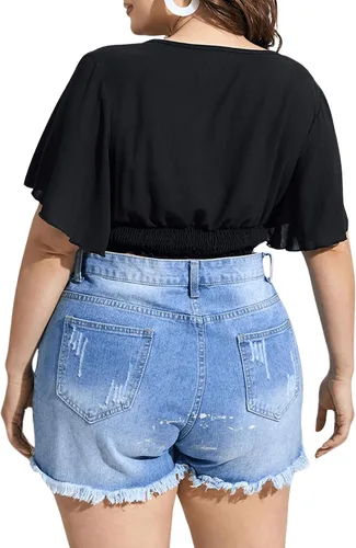 Vista 2 de SOLY HUX Women's Plus Size V Neck Butterfly Short Sleeve Shirred Crop Top Blouse