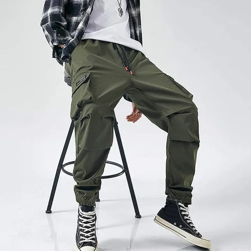 Vista 4 de XYXIONGMAO Pantalones deportivos tácticos de hip hop para hombre, color negro, ropa de calle, pantalones de hip hop, overoles verdes, pantalones