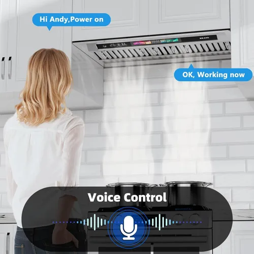 Vista 4 de BRANO Campana extractora de inserción, campana de ventilación de cocina integrada de 900 CFM con control de voz, gestos y táctil, ventilador