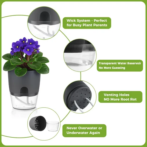 Vista 7 de Macetas de riego automático para plantas de interior, macetas para exteriores, paquete de 3 macetas de riego automático de 6 pulgadas, macetas