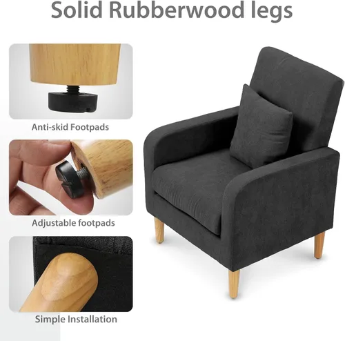 Vista 6 de OS MOTOR Sofá tapizado con almohada, sillón de tela con patas de madera, cómoda silla de descanso para sala de estar, dormitorio u oficina, soporta