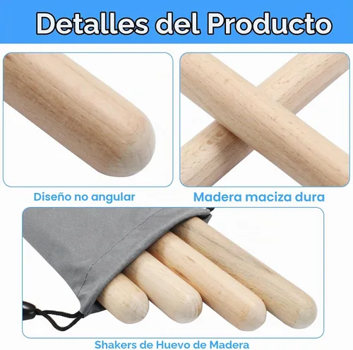 Vista 4 de Piutouyar Paquete de 6 palos de ritmo de 8 pulgadas, clavos de madera natural, juego de instrumentos de percusión musical con una bolsa