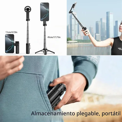 Vista 9 de Palo selfie magnético multifuncional 4 en 1 con rotación de 360°, mini trípode portátil extensible para teléfono con control remoto y anillo