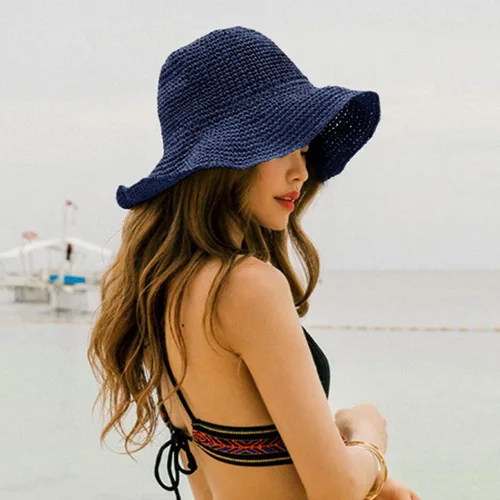 Vista 8 de Sombrero de paja para mujer, plegable, plegable, de ala ancha, para verano, playa, sombrero de ganchillo