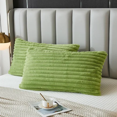 Vista 2 de Juego de 2 fundas de almohada para cama tamaño king, fundas de cojín rectangulares lumbares con diseño de rayas, forro de piel de conejo sintética