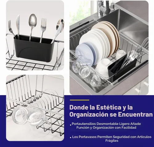 Vista 3 de Escurridor de platos extensible sobre el fregadero a 24.5 pulgadas, estación de secado extensible rectangular de cocina que ahorra espacio