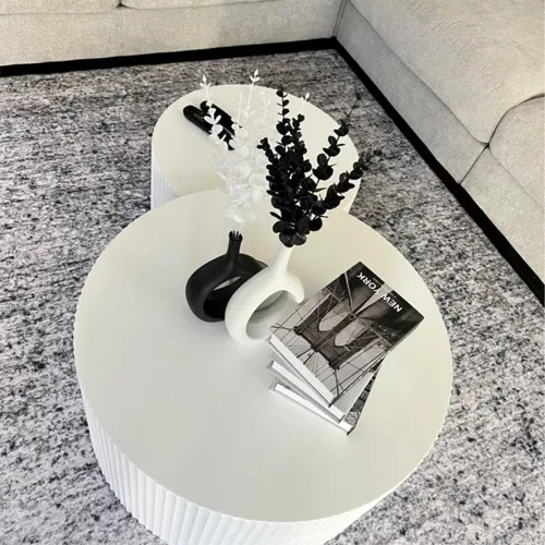 Vista 4 de Juego de 2 mesas auxiliares redondas de 55.12 pulgadas, mesa auxiliar moderna para sala de estar, diseño contemporáneo de media luna en relieve, sin
