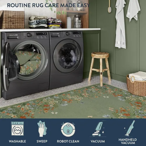 Vista 4 de Alfombras Lahome Boho Floral 2x6 para pasillos antideslizantes, alfombras de cocina verdes no deslizantes lavables, alfombra de baño de felpa