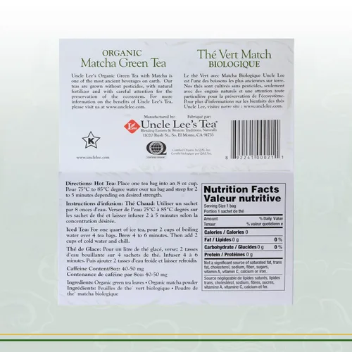 Vista 2 de Uncle Lee's - Bolsas de té verde matcha orgánico, 40 unidades, ricas en antioxidantes, bajas en cafeína, mezcla naturalmente energizante
