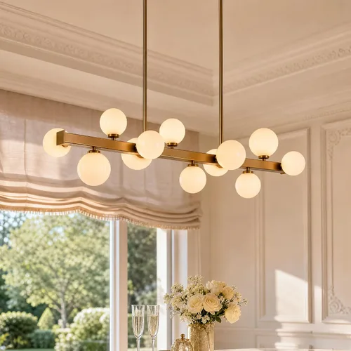 Vista 11 de Candelabro de mediados de siglo, lámpara colgante Sputnik de latón dorado con pantalla de lámpara de vidrio blanco, Candelabros lineales de globo