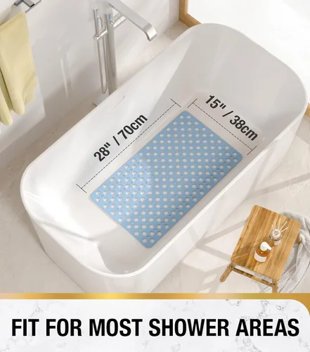 Vista 2 de HITSLAM Tapete antideslizante de elastómero termoplástico suave para bañera, drenaje eficiente con ventosas, fácil de limpiar, 28 x 15 pulgadas, Azul