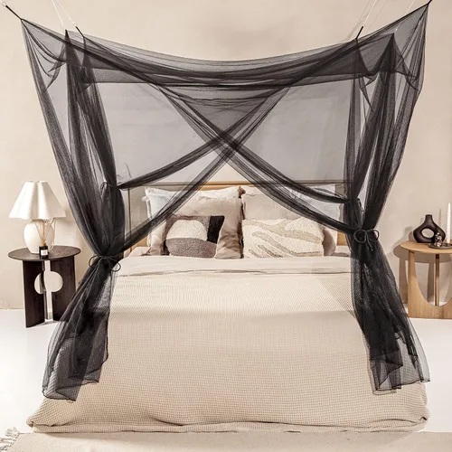 Vista 9 de Mosquitera negra para camas individuales a king size – 2 aberturas laterales y 6 bucles para colgar – Forma rectangular decorativa para el hogar