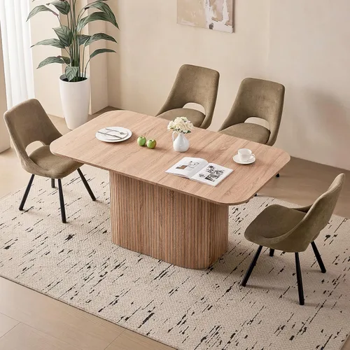 Vista 21 de Juego de 4 mesas de comedor grandes de 63 pulgadas para 4, esquinas redondeadas, mesa de cocina rectangular moderna de madera con sillas Boucle