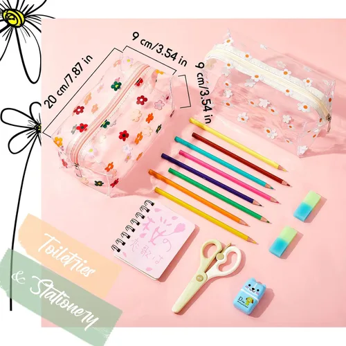 Vista 2 de Amylove - Paquete de 2 bolsas de maquillaje de flores lindas con cremallera de margaritas, bolsa para lápices florales, bolsas de aseo portátiles