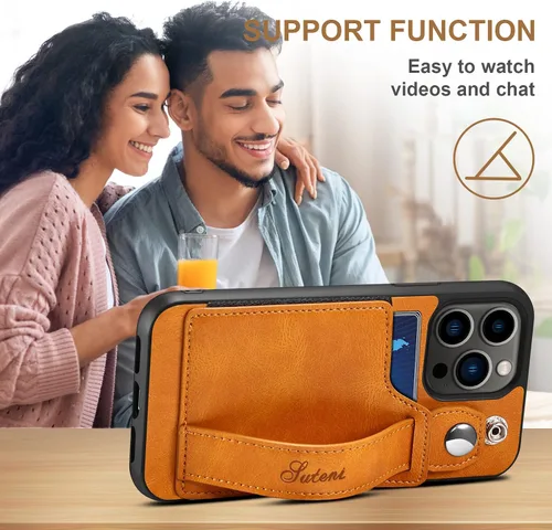 Vista 6 de Funda para iPhone 15 Pro Max 2023, de piel sintética, con ranura elástica para tarjetas, cierre magnético, correa de mano, funda protectora