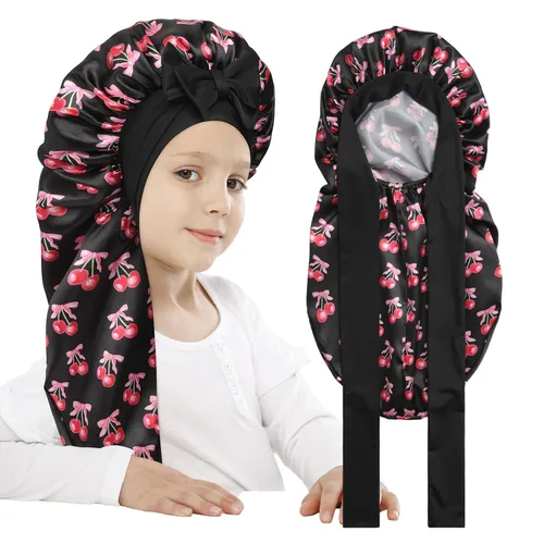 Vista 18 de AWAYTR Gorro de satén para niñas con trenzas de pelo largo para dormir Negro