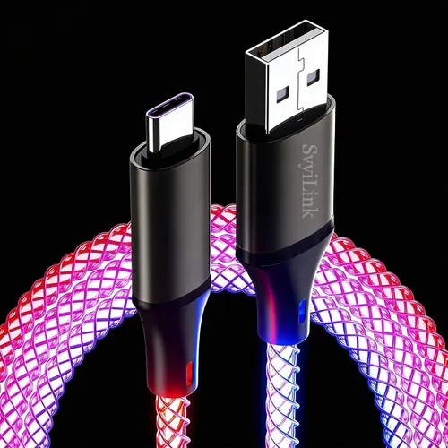 Vista 11 de Cable USB PD cargador rápido iluminado (USB 3 en 1 azul), cable de datos de teléfono, cable de carga de luz fluida, 39 pulgadas, material TPE