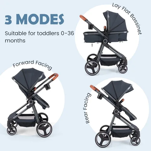 Vista 6 de INFANS Cochecito de bebé 2 en 1, plegable de alta absorción de impactos con asiento reversible, cuna convertible para recién nacido, estructura