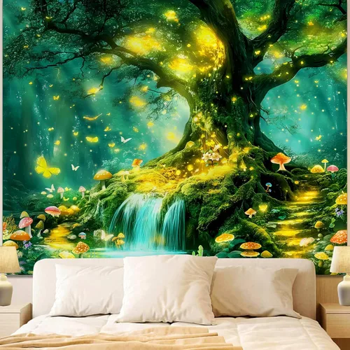 Vista 15 de Apdidl Tapiz de bosque para dormitorio, tapices de pared de hadas verdes Tapiz A-Forest