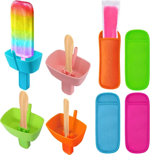 Vista 15 de AIERSA Juego de 12 soportes para paletas y fundas para paletas de hielo para niños, sin goteo, soporte de silicona para paletas con popote y fundas