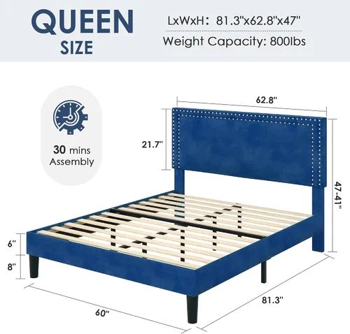 Vista 30 de VECELO Base de cama de plataforma de tamaño individual con cabecera tapizada de altura ajustable, base de colchón moderna, soporte de listones
