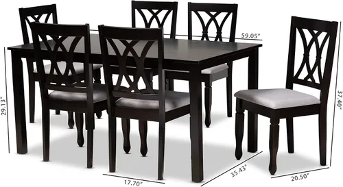 Vista 8 de Baxton Studio Petrina - Juego de comedor tapizado de tela gris, madera con acabado marrón expreso, 7 piezas