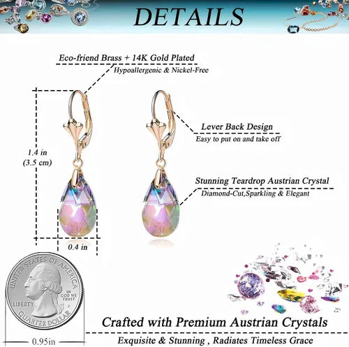 Vista 4 de Aretes con dijes con forma de lágrima de cristal austriaco, para mujer, cierre catalán, chapados en oro de 14 quilates joyas hipoalergénicas
