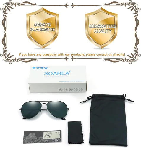 Vista 5 de Soarea Fashion Shields - Gafas de sol de aviador para mujeres y hombres de gran tamaño cuadradas de metal antirreflejos 100 protección UV