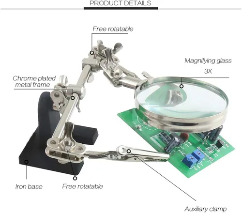 Vista 4 de Soporte de lupa de manos de ayuda con clips de cocodrilo dobles ajustables – Lupa FEITA 5X perfecta para soldar, manualidades, pasatiempos, micro