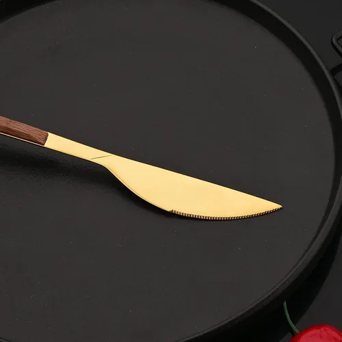 Vista 9 de JASHII Juego de cubiertos reutilizables de 24 piezas, acero inoxidable dorado, tenedor, cuchara, palillo y mango cuadrado de madera, servicio