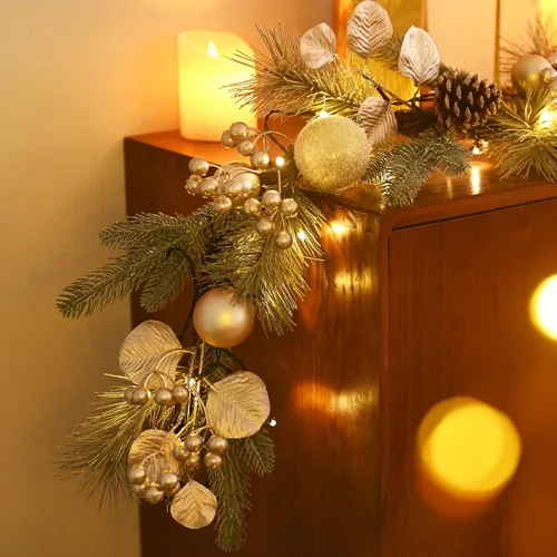 Vista 5 de Valery Madelyn 6 Ft Christmas Garland with Lights for Mantle White Gold Guirnalda de Navidad iluminada al aire libre con bolas de pino Norfolk