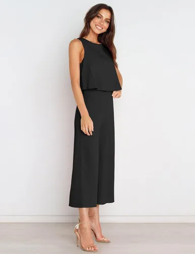 Vista 5 de Fengbay Conjunto de 2 piezas de overoles para mujer, con cuello redondo, pantalones de pierna ancha, con bolsillos