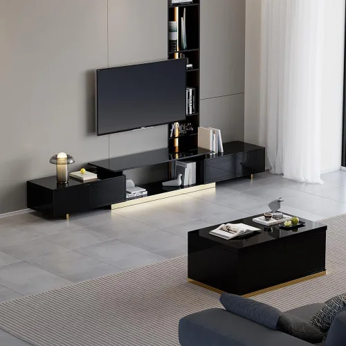 Vista 2 de homary Soporte de TV extensible, centro de entretenimiento moderno con cajones, consola multimedia de longitud ajustable para sala de estar y Negro
