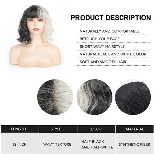 Vista 6 de AICKER Peluca ondulada corta mitad negra mitad blanca y rizada con flequillo para mujer, pelucas de anime, cosplay, Halloween, fiesta de Navidad