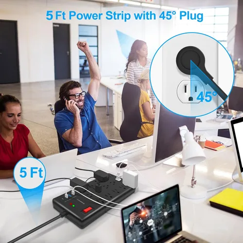 Vista 6 de Regleta de alimentación con protector de sobretensiones, 15 tomas de corriente ampliamente espaciadas y 4 puertos USB (1 puerto USB C), cable