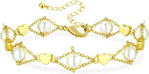 Vista 9 de Pulsera de perlas de oro para mujer, chapado en oro de 14 quilates, pulsera de perlas delicadas de doble capa, elegante regalo de joyería apilable