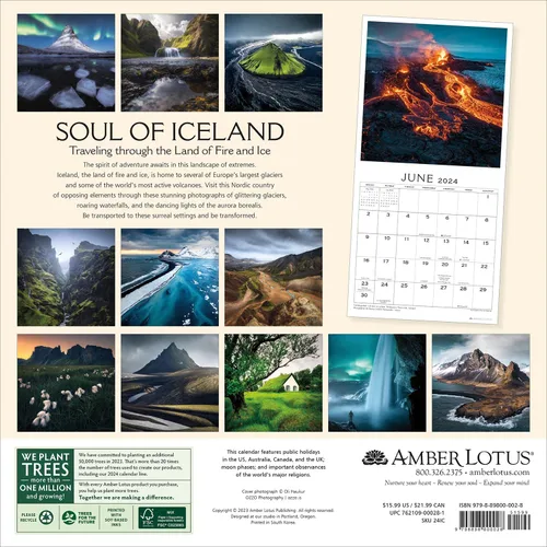 Vista 2 de The Soul of Iceland 2024 Wall Calendar Traveling Through the Land of Fire and Ice 12" x 24" Open Amber Lotus Publishing