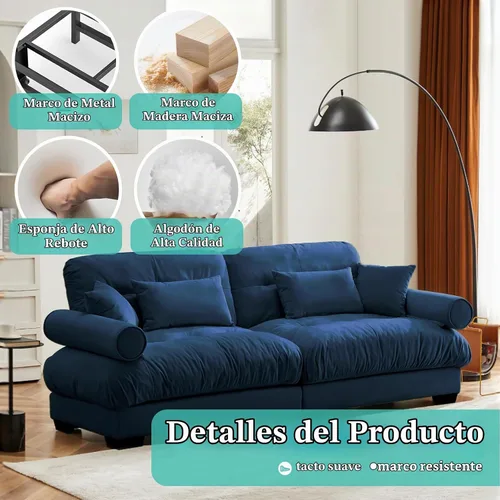Vista 5 de SoarFlash Moderno sofá reclinable de terciopelo para sala de estar, sofá biplaza para apartamento, sofá de almacenamiento con marco de madera Azul