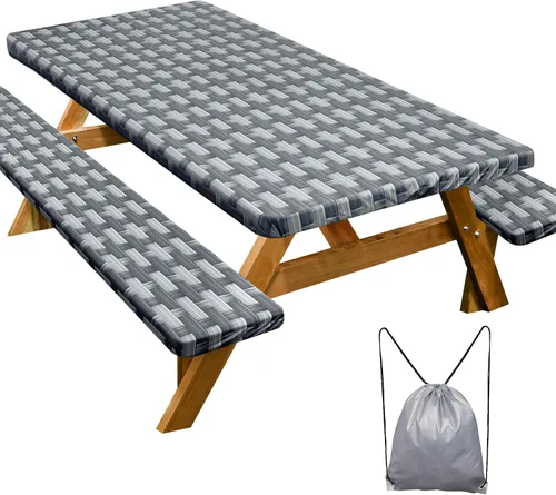 Vista 40 de Funda de mesa de picnic con fundas para bancos Esenciales de camping Mantel de picnic impermeable y a prueba de viento con bolsa de cordón, funda