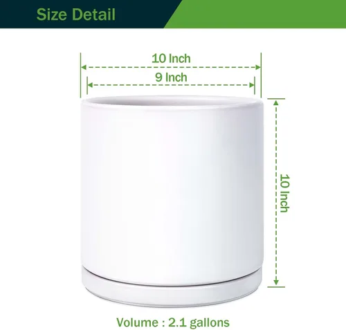 Vista 5 de Kazeila Macetas de cerámica para plantas de interior y exterior, flores, 10 pulgadas, blanco mate, maceta cilíndrica grande con platillo y orificio