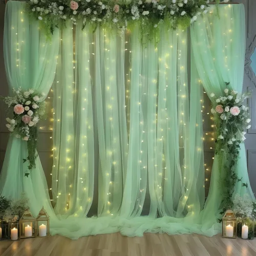 Vista 41 de Cortina de telón de fondo de tul negro de 10 x 10 pies con cadena de luces para fiestas, cortinas de fondo de fotos transparentes para bodas