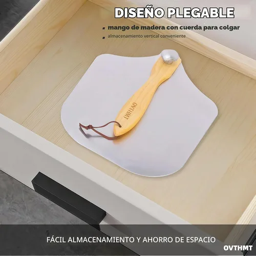 Vista 5 de Pala de Pizza de 12 Pulgadas, Pala de Pizza de Aluminio de 12 x 14 Pulgadas con Mango de Madera Plegable, Pala Giratoria para Pizza, Espátula